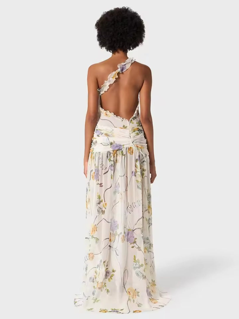 Gorgeous Floral One-Shoulder High Slit Sleeveless Dress