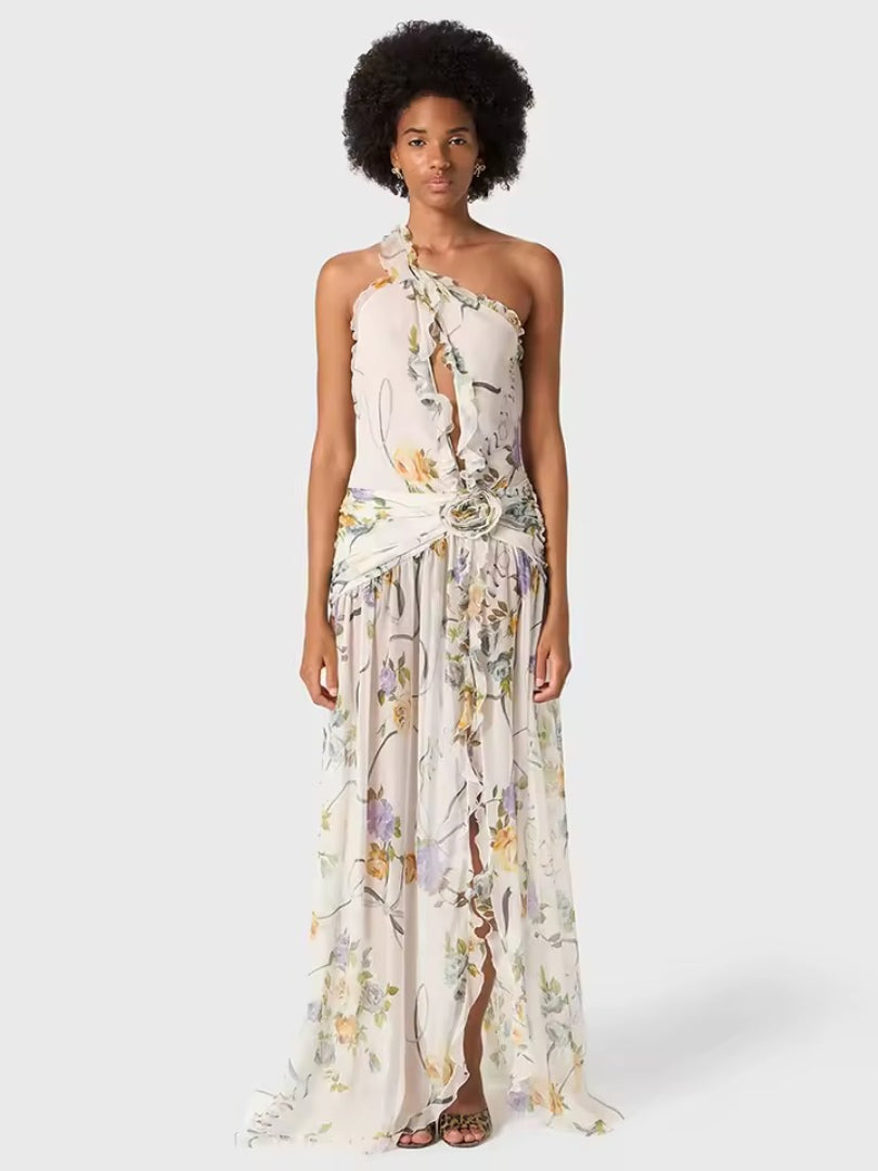 Gorgeous Floral One-Shoulder High Slit Sleeveless Dress