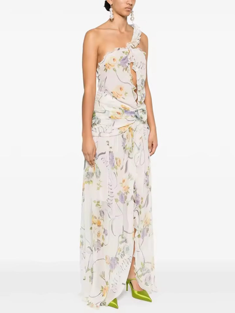 Gorgeous Floral One-Shoulder High Slit Sleeveless Dress