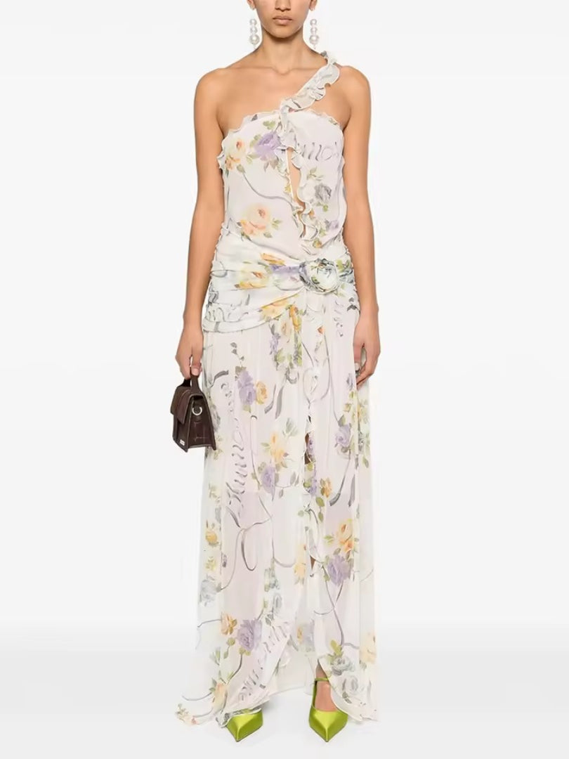 Gorgeous Floral One-Shoulder High Slit Sleeveless Dress