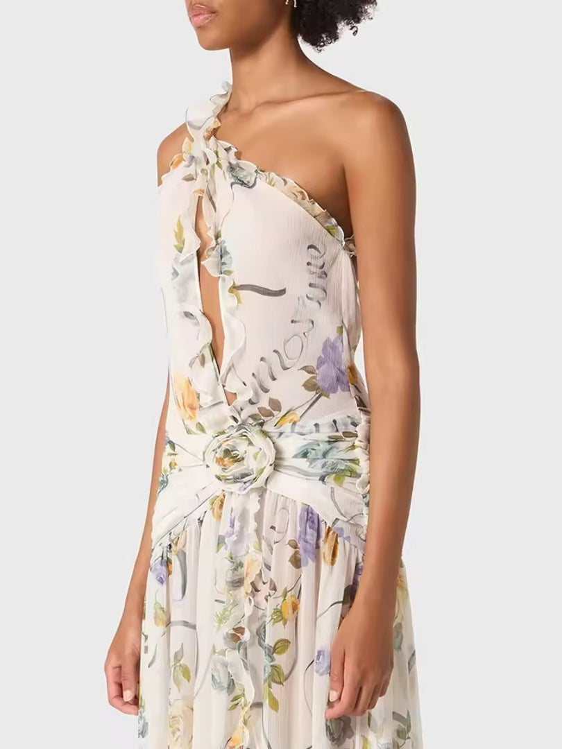Gorgeous Floral One-Shoulder High Slit Sleeveless Dress