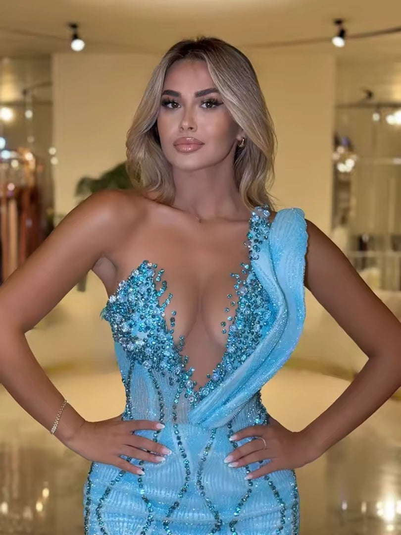 Gorgeous One-Shoulder V-Neck Crystal Erotic Mini Dress