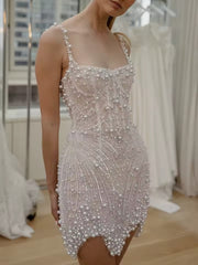 Gorgeous Stunning Sleeveless Pearl Short Wedding Mini Dress