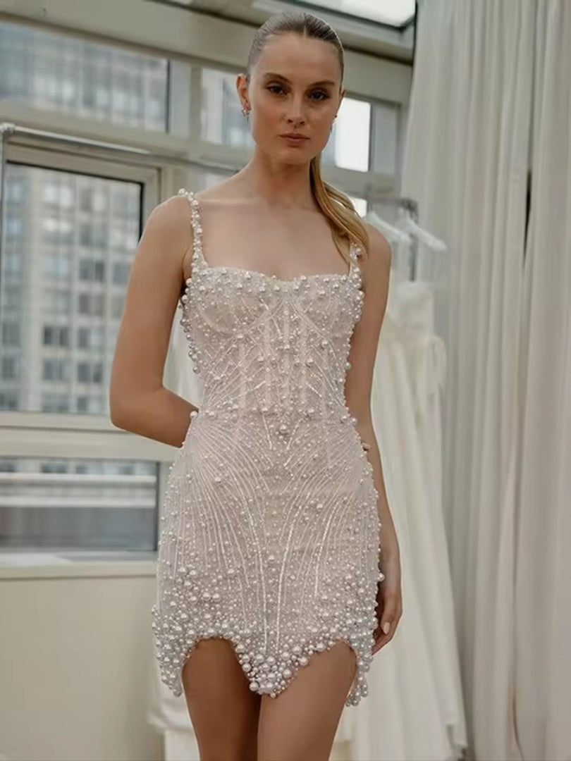 Gorgeous Stunning Sleeveless Pearl Short Wedding Mini Dress
