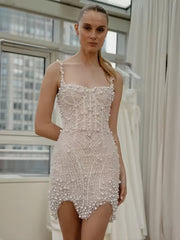 Gorgeous Stunning Sleeveless Pearl Short Wedding Mini Dress