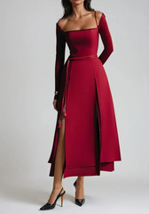Gorgeous Square Neck Long Sleeve High Waist Temperament Solid Slimming Split Long Dress