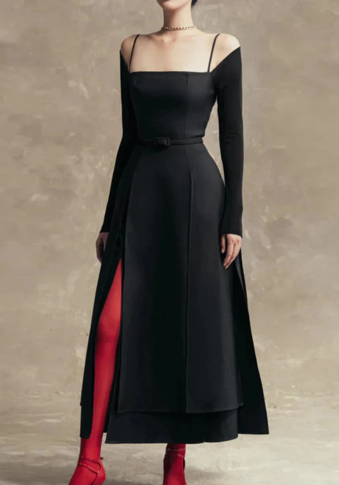Gorgeous Square Neck Long Sleeve High Waist Temperament Solid Slimming Split Long Dress