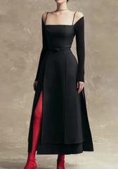 Gorgeous Square Neck Long Sleeve High Waist Temperament Solid Slimming Split Long Dress