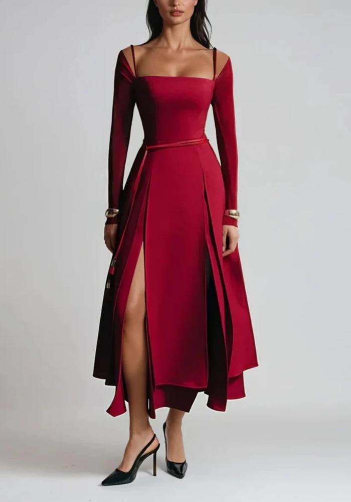 Gorgeous Square Neck Long Sleeve High Waist Temperament Solid Slimming Split Long Dress