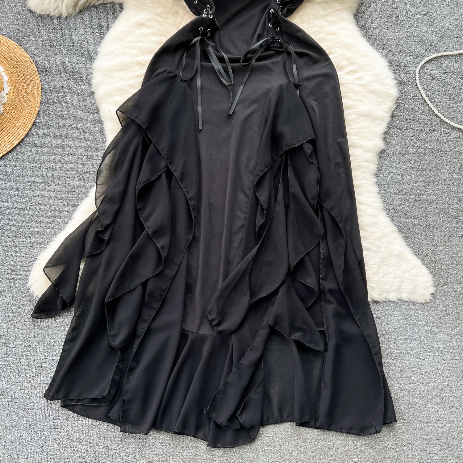 Gothic Strapless Long Dresses for Women Ruffles Lace-up Bandage Backless