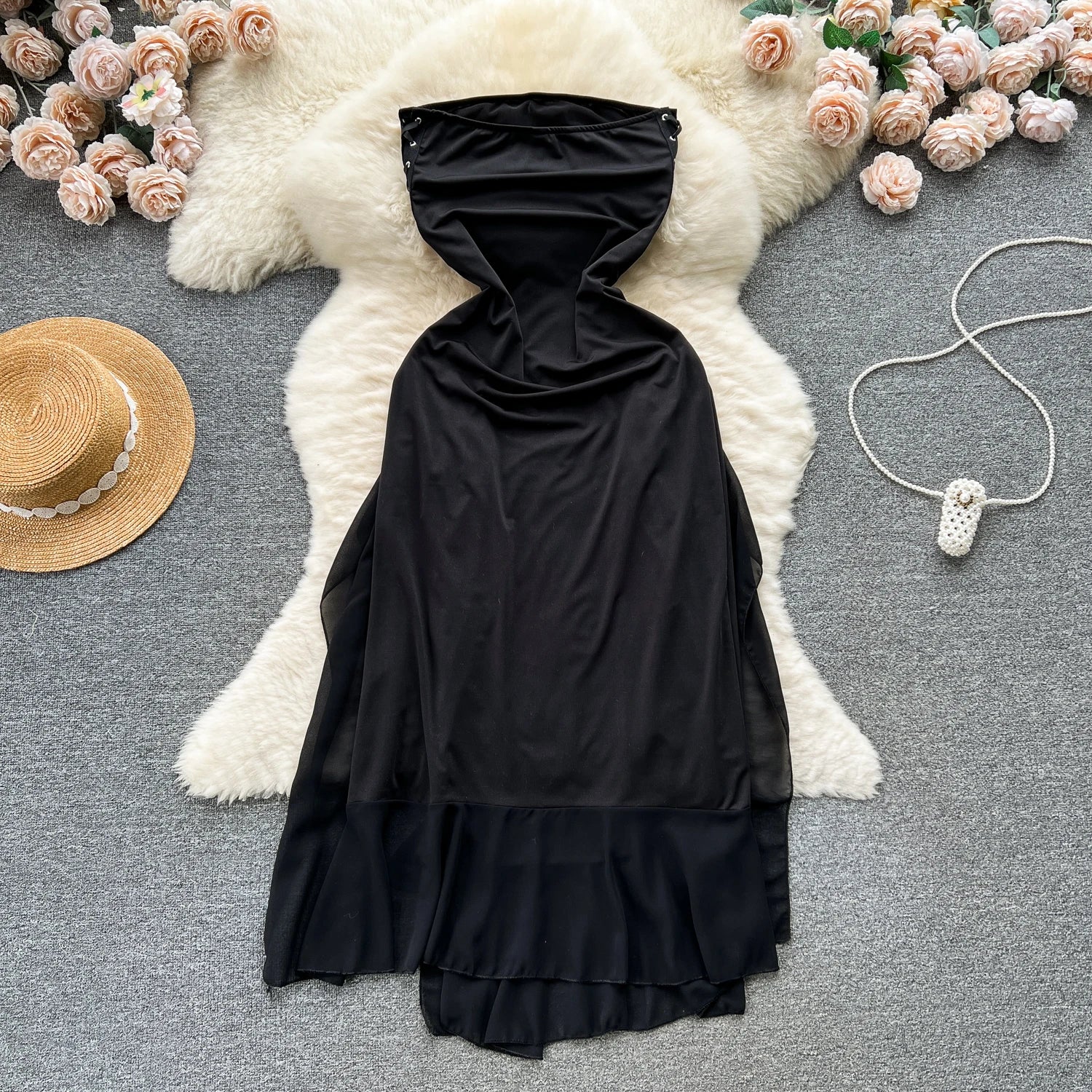 Gothic Strapless Long Dresses for Women Ruffles Lace-up Bandage Backless