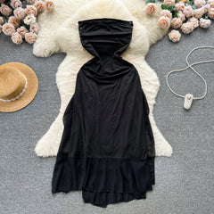 Gothic Strapless Long Dresses for Women Ruffles Lace-up Bandage Backless