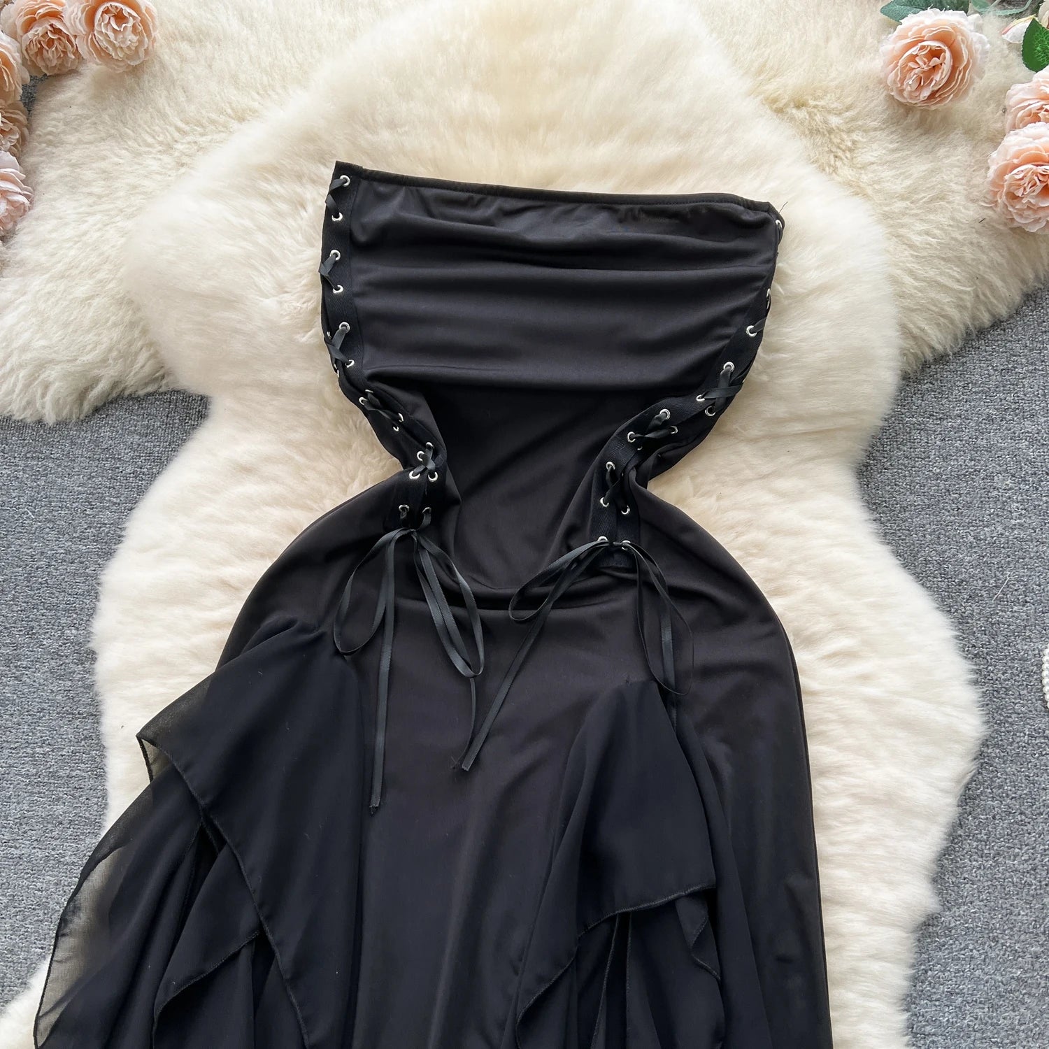 Gothic Strapless Long Dresses for Women Ruffles Lace-up Bandage Backless