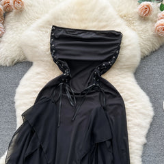 Gothic Strapless Long Dresses for Women Ruffles Lace-up Bandage Backless
