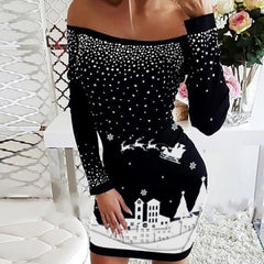 Graphic Printed Off-the-shoulder Long Sleeve Bodycon Dress