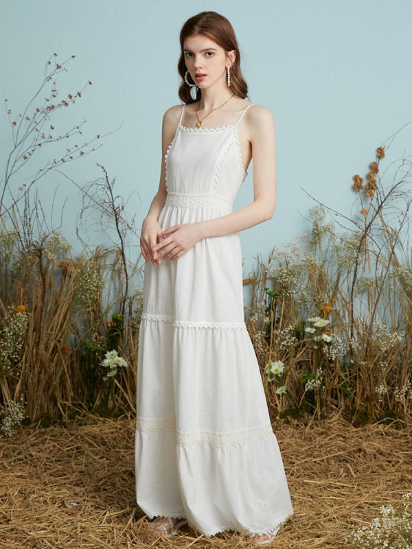 Guipure Lace Adjustable Strap Open Back Zip Maxi Dress