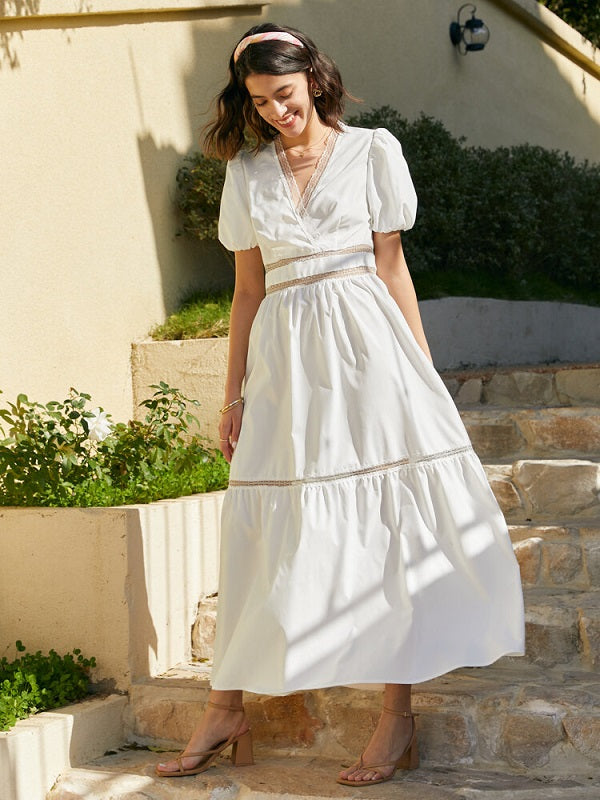 Guipure Lace Puff Sleeve V-neck Solid Maxi Dress