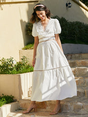 Guipure Lace Puff Sleeve V-neck Solid Maxi Dress