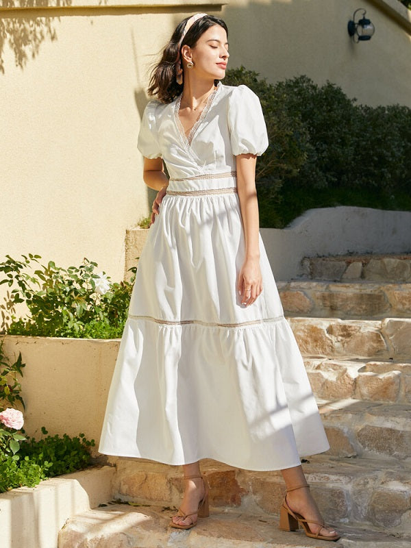 Guipure Lace Puff Sleeve V-neck Solid Maxi Dress