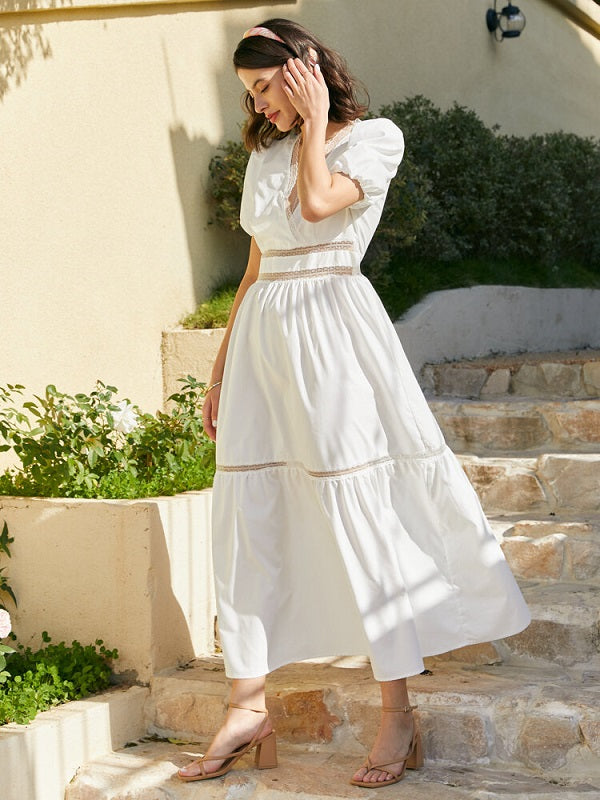 Guipure Lace Puff Sleeve V-neck Solid Maxi Dress