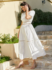 Guipure Lace Puff Sleeve V-neck Solid Maxi Dress
