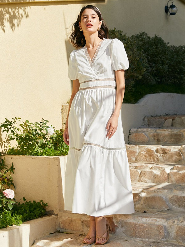 Guipure Lace Puff Sleeve V-neck Solid Maxi Dress