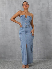 Half Button Strapless Backless Multi-pocket Split Long Cargo Bodycon Jean Dresses