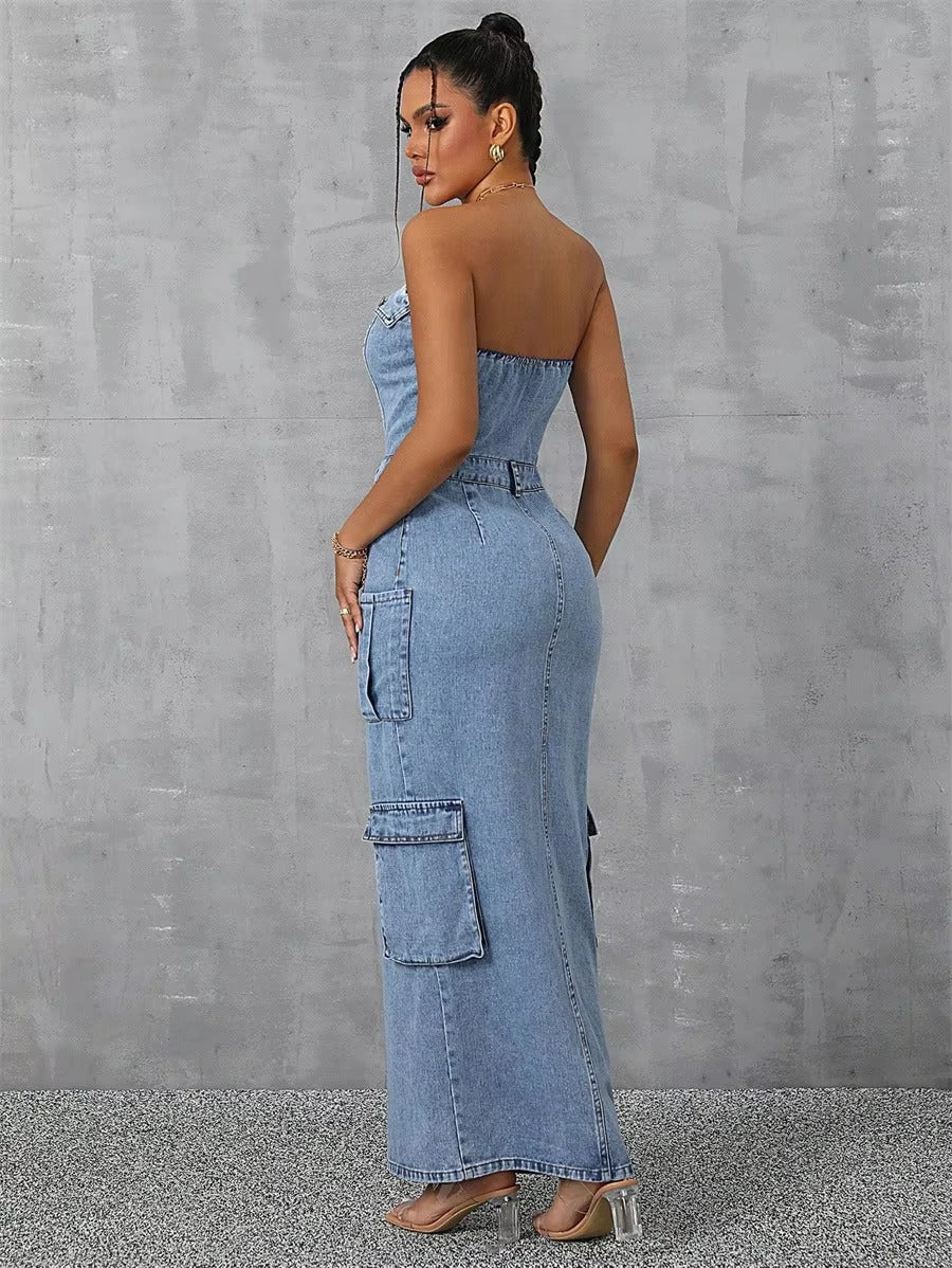 Half Button Strapless Backless Multi-pocket Split Long Cargo Bodycon Jean Dresses