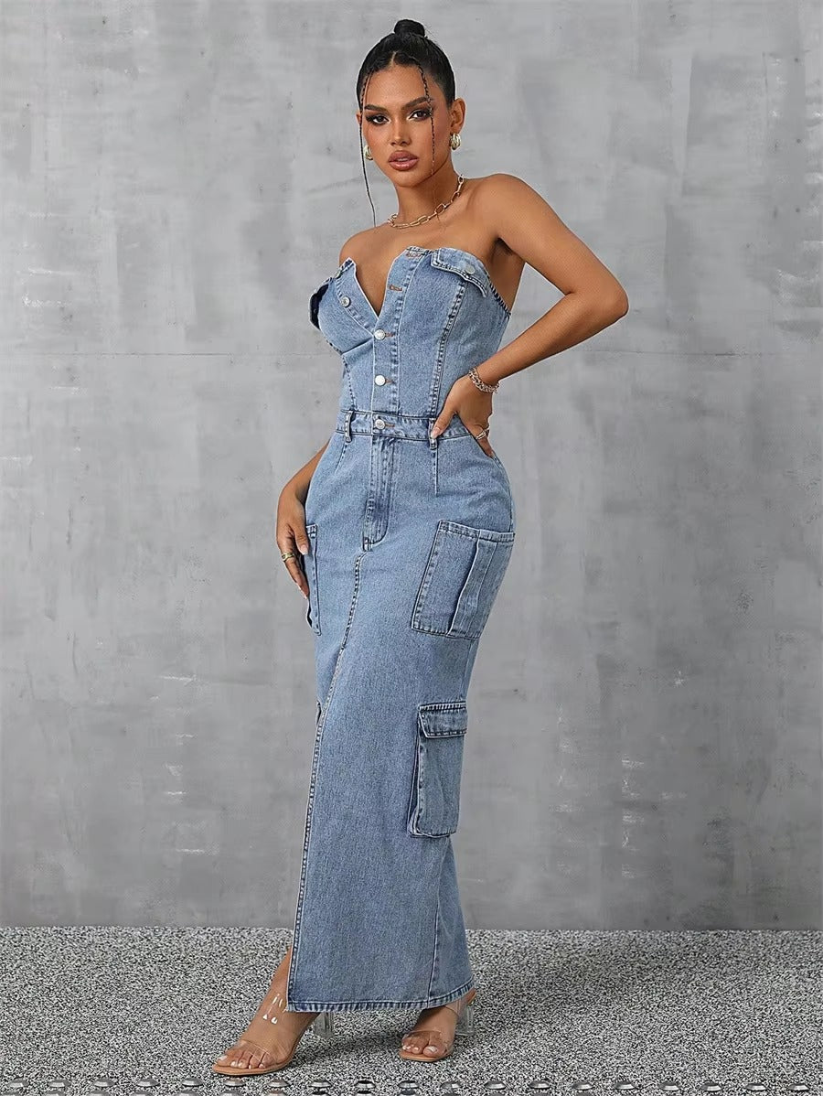 Half Button Strapless Backless Multi-pocket Split Long Cargo Bodycon Jean Dresses