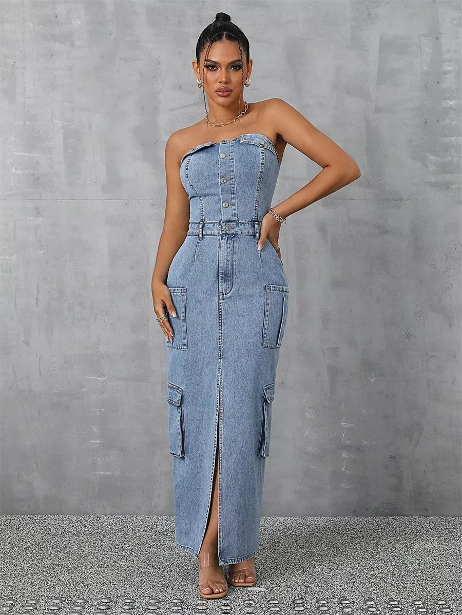 Half Button Strapless Backless Multi-pocket Split Long Cargo Bodycon Jean Dresses