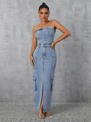 Half Button Strapless Backless Multi-pocket Split Long Cargo Bodycon Jean Dresses