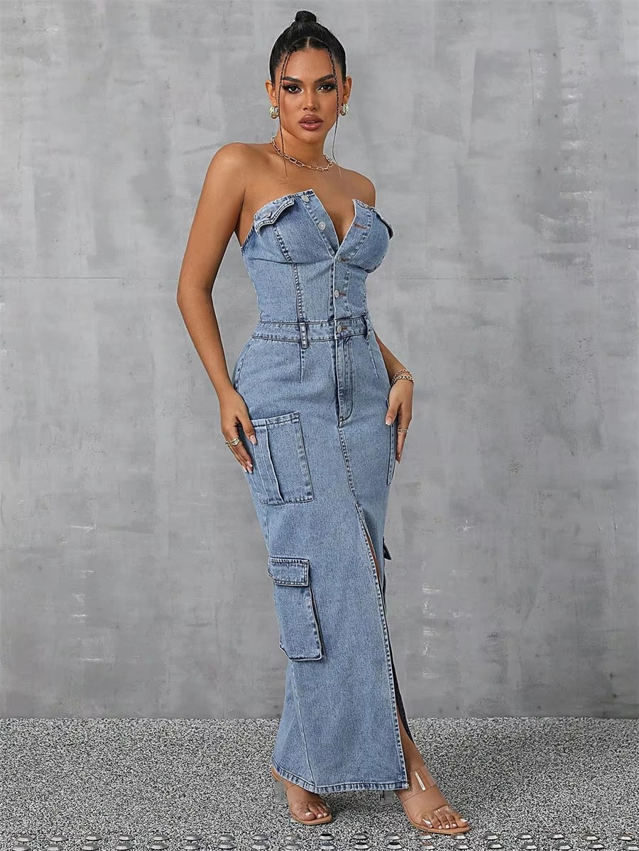 Half Button Strapless Backless Multi-pocket Split Long Cargo Bodycon Jean Dresses