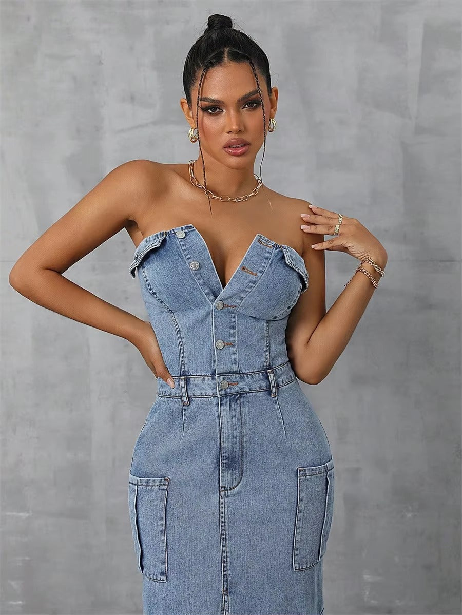Half Button Strapless Backless Multi-pocket Split Long Cargo Bodycon Jean Dresses