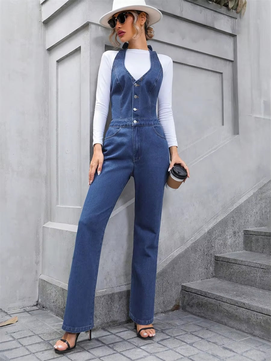 Casual Half Button V-neck Halter Denim Tie Backless High Waist Straight Wide Leg Jumpsuit