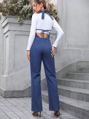 Casual Half Button V-neck Halter Denim Tie Backless High Waist Straight Wide Leg Jumpsuit