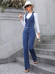 Casual Half Button V-neck Halter Denim Tie Backless High Waist Straight Wide Leg Jumpsuit