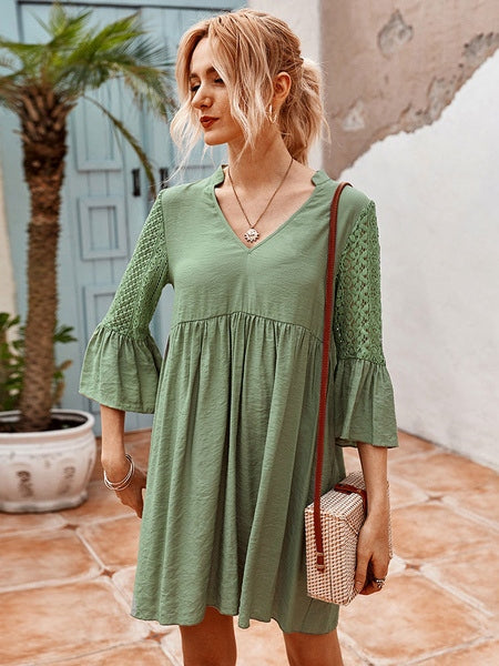 Half Sleeves Casual Lace V Neck Polyester Tunic Shift Dresses