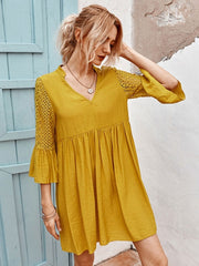 Half Sleeves Casual Lace V Neck Polyester Tunic Shift Dresses