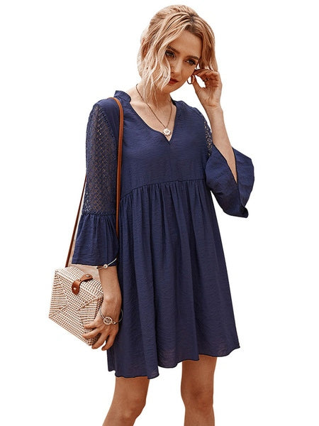 Half Sleeves Casual Lace V Neck Polyester Tunic Shift Dresses