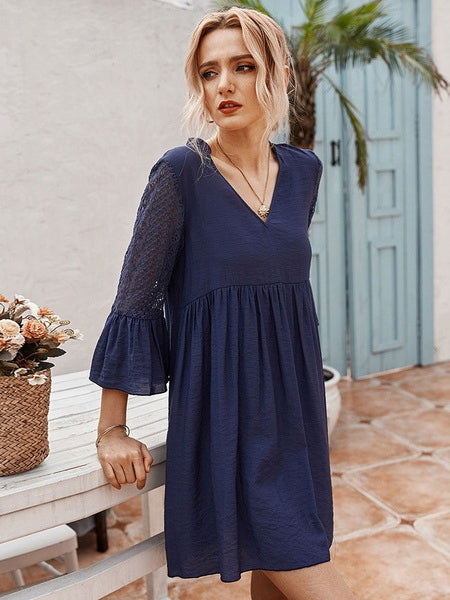 Half Sleeves Casual Lace V Neck Polyester Tunic Shift Dresses