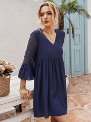 Half Sleeves Casual Lace V Neck Polyester Tunic Shift Dresses