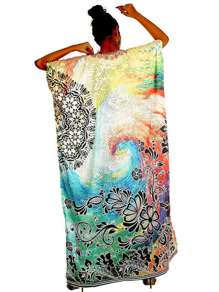 Half Sleeves Floral Print V-Neck Layered Polyester Floor Length Maxi Dress
