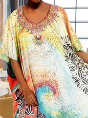 Half Sleeves Floral Print V-Neck Layered Polyester Floor Length Maxi Dress