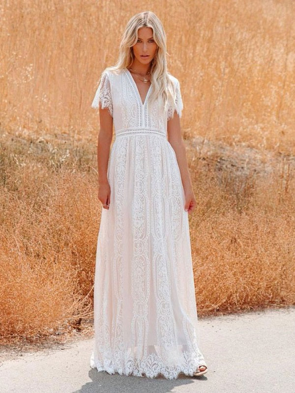 Half Sleeves Lace Bohemian Floor Length Maxi Dress
