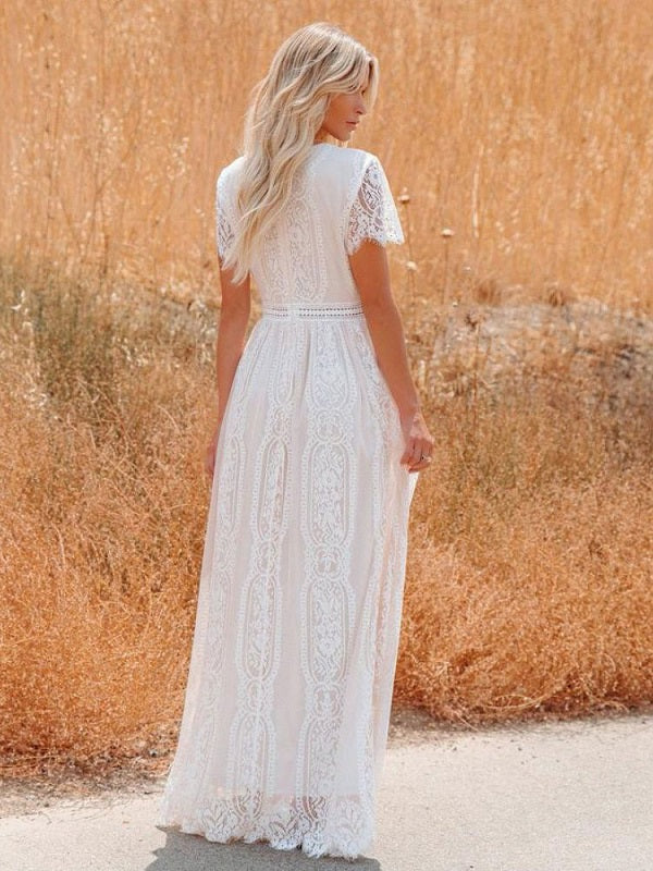 Half Sleeves Lace Bohemian Floor Length Maxi Dress