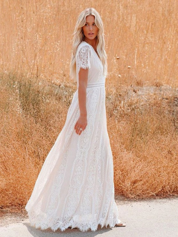 Half Sleeves Lace Bohemian Floor Length Maxi Dress