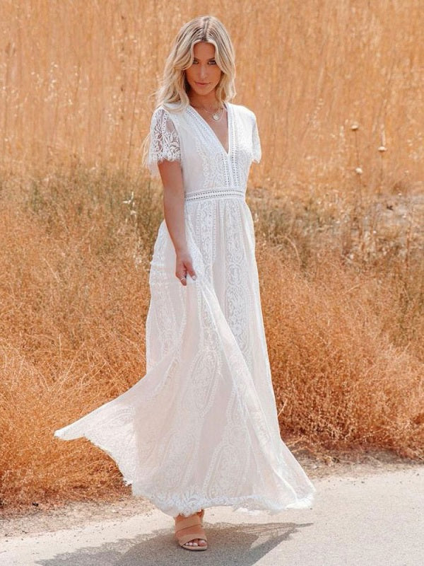 Half Sleeves Lace Bohemian Floor Length Maxi Dress