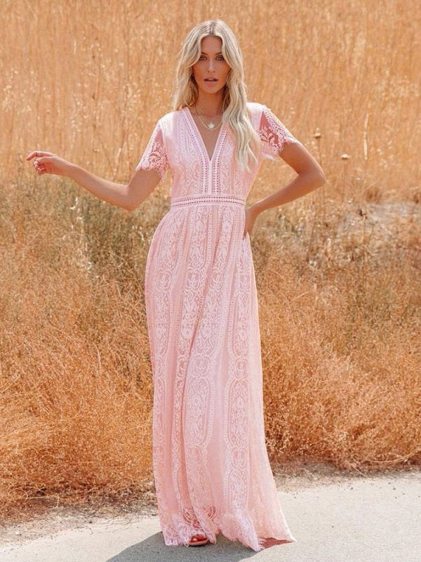 Half Sleeves Lace Bohemian Floor Length Maxi Dress