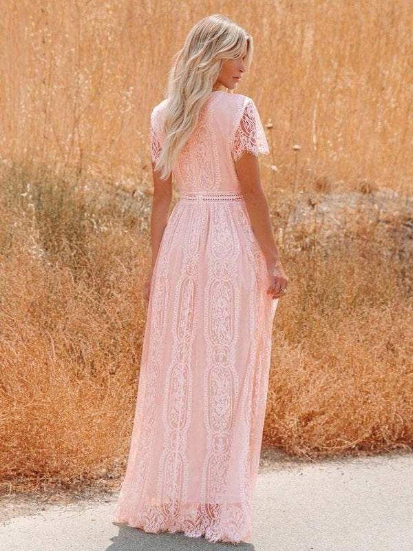 Half Sleeves Lace Bohemian Floor Length Maxi Dress