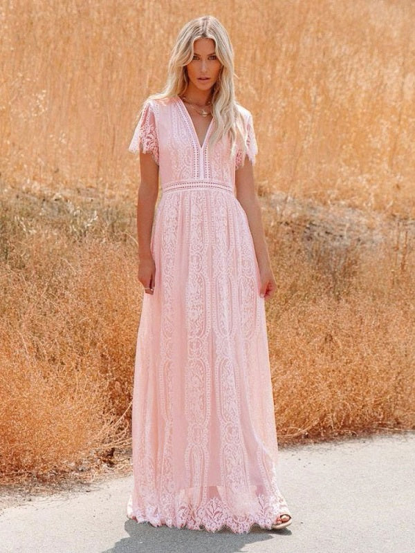 Half Sleeves Lace Bohemian Floor Length Maxi Dress
